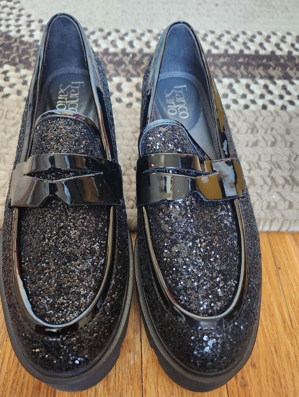 Franco Sarto Black Glitter Patent Loafers